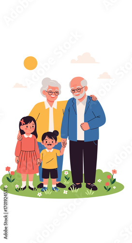 A happy family of grandparents and grandchildren enjoying a sunny day outdoors together