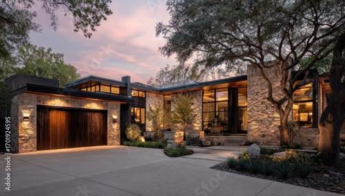 Luxury Modern Stone House at Dusk