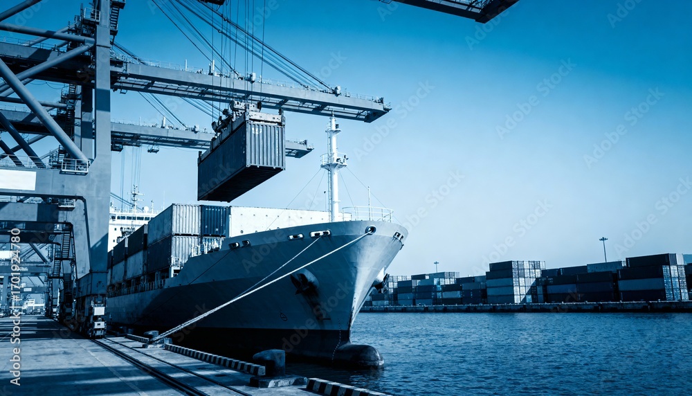 Naklejka premium Container Ship Unloading at Port Terminal with Gantry Crane and Cargo Containers against Blue Sky