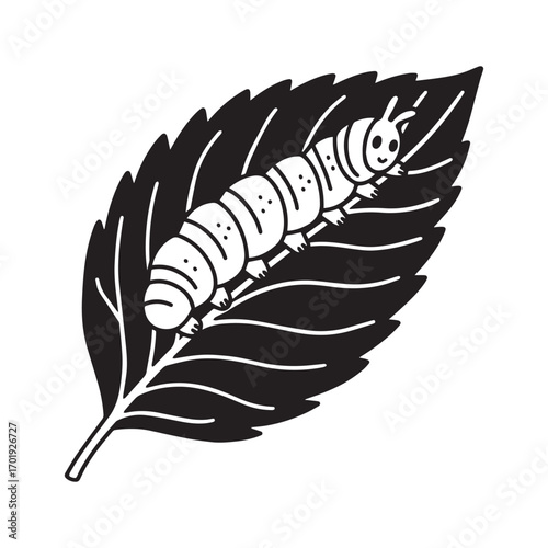  Caterpillar Crawling Along Leaf Edge with Bold Line Silhouette on white Background. 