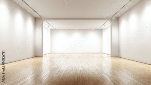 Bright and Spacious Gallery Interior with Clean White Walls and Hardwood Flooring for Art Exhibitions