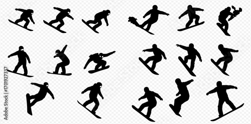 A collection of dynamic black silhouettes showcasing snowboarders performing various jumps, tricks, and riding actions.