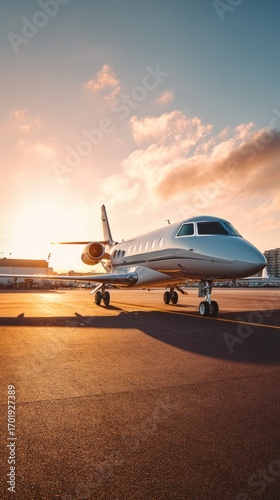 Private jet parked at airport during sunset