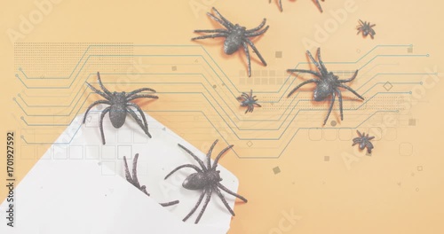 At start white envelope spilling black spiders as circuits and squares forming to visualize network