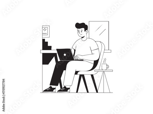 A person sits in an office chair, working on a laptop at a desk with a warm light casting a silhouette