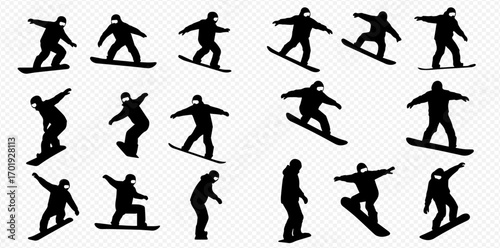 A set of black silhouettes depicting snowboarders in various active and dynamic poses.