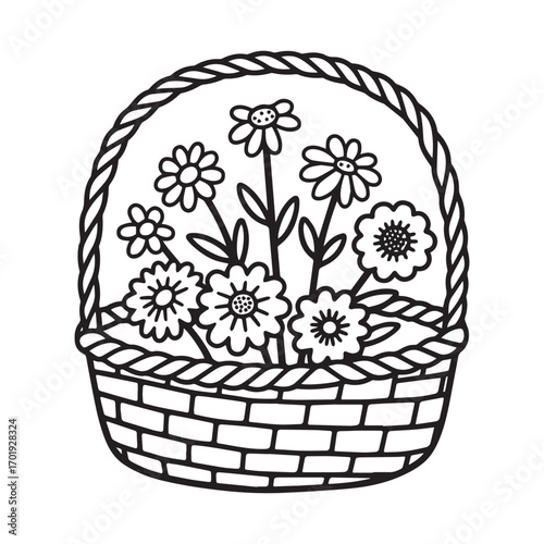 Charming Basket of Fresh Daisies and Zinnias Silhouette on white Background.