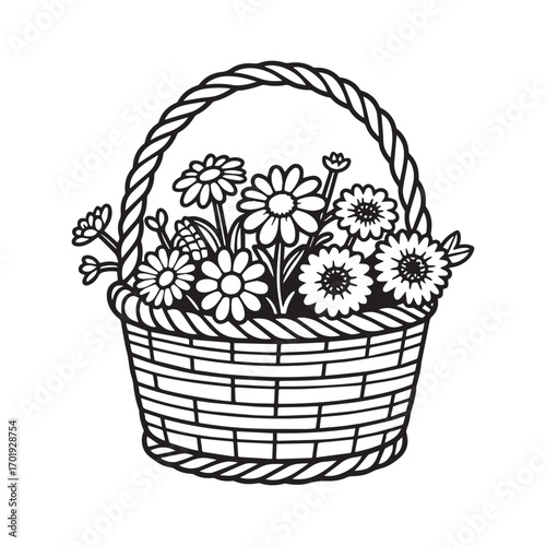 Charming Basket of Fresh Daisies and Zinnias Silhouette on white Background.