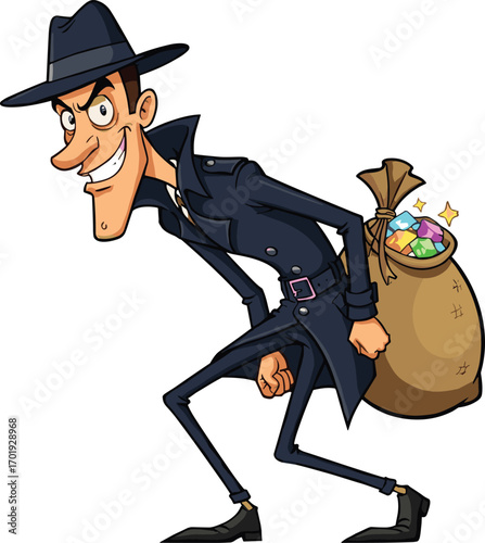 Cartoon Spy Thief Carrying Sack of Stolen Gems – Funny Villain Character