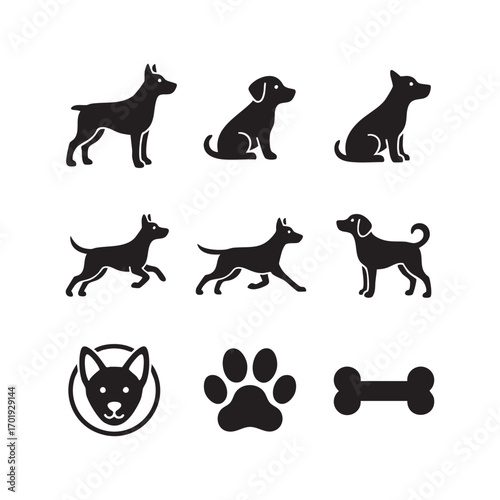 A silhouette vector set of domestic animals including dogs