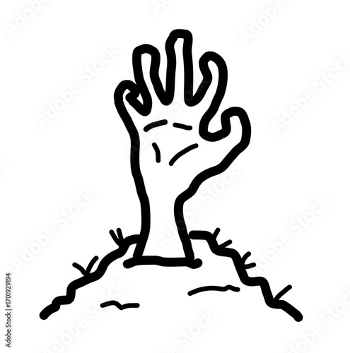 Doodle zombie hand rising from grave, naive childlike drawing for Halloween theme, vector illustration svg
