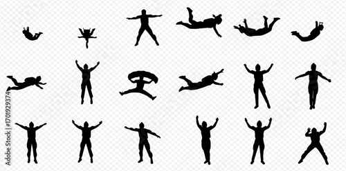 A diverse collection of black human silhouettes depicting skydiving, freefall, and celebratory jumping poses against a transparent background.
