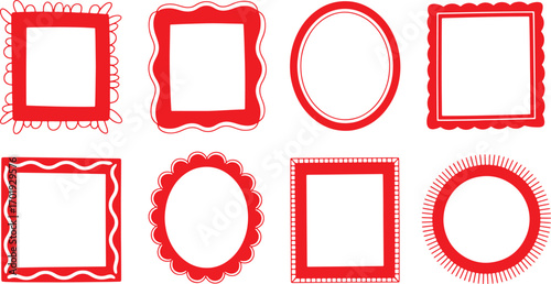 Collection of decorative red frames and borders, featuring diverse shapes and styles, ideal for design projects