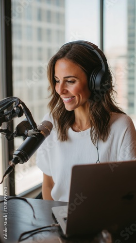 Woman hosting a podcast in a modern office