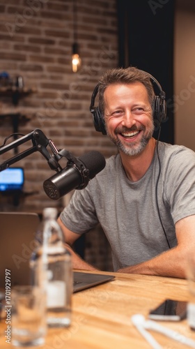 Cheerful host records engaging podcast