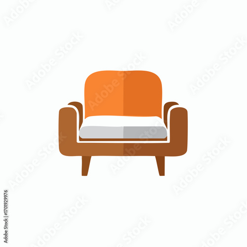 Flat design illustration of a modern orange and brown armchair with soft cushion, room furniture