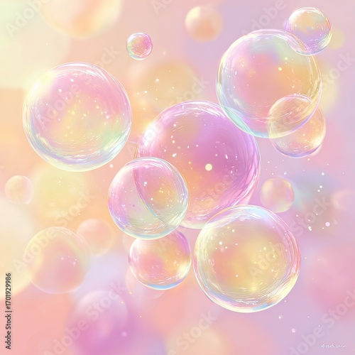 Pastel-hued bubbles float in soft light