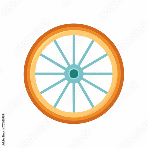 Stylized orange bicycle wheel with blue spokes and teal hub on white background