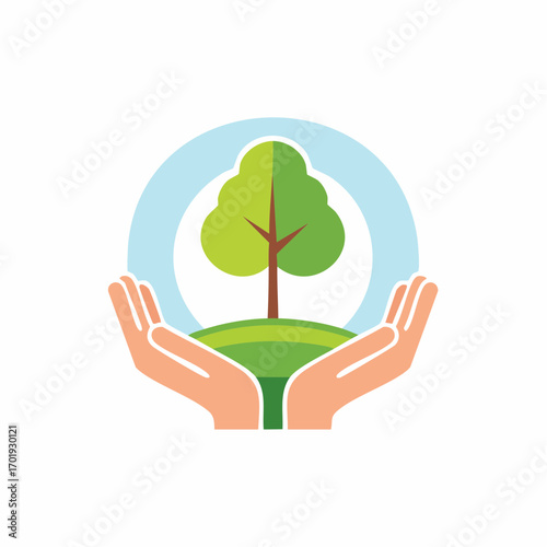 Hands holding a green tree on a hill a symbol of nature conservation and environmental care