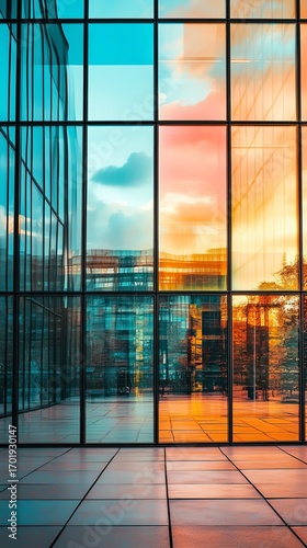 Modern glass building facade reflecting sunset cityscape