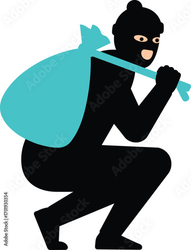 Cartoon thief silhouette with cyan sack, masked burglar sneaking, theft concept icon, criminal character vector illustration, robbery symbol design