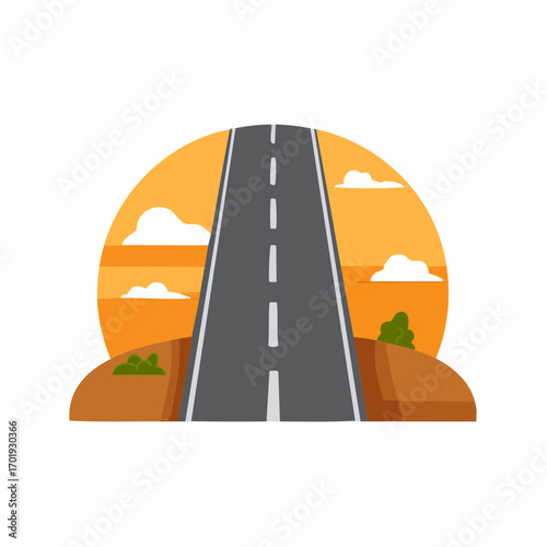 Cartoon Road Stretching into the Horizon with an Orange Sunset Sky Illustration