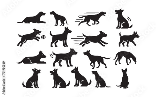 A black vector silhouette set of running wild and farm animals, including dog