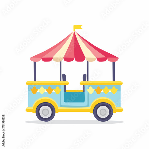 Whimsical Carnival Cart Illustration Fun Fairground Vehicle Striped Roof and Wheels