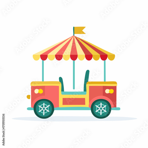 Vibrant flat vector illustration of a fun park ride vehicle with striped canopy