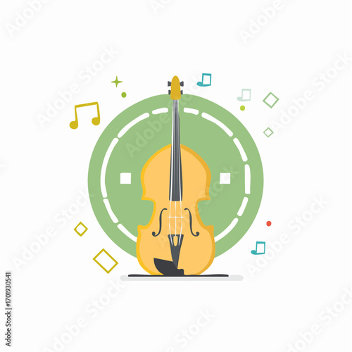 Illustration of a cartoon double bass, musical notes and green circle on white background.