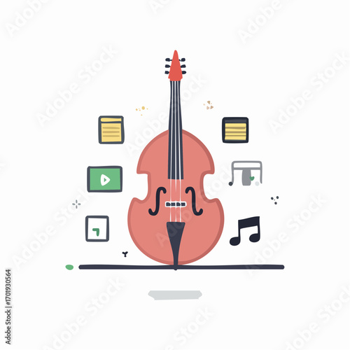 Vibrant upright bass illustration with music notes and media icons. Flat graphic representing audio content, education, and creative sound production.