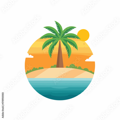 Tropical illustration with palm tree, sun, beach, and ocean in circular design