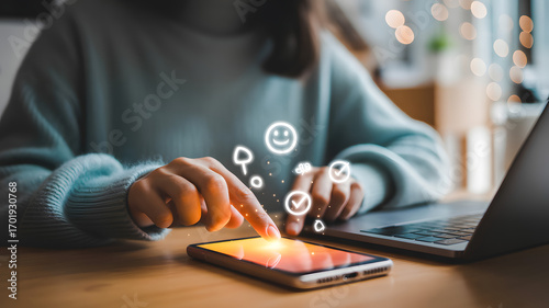 Digital Connection: An intimate scene captures a person engaging with a smartphone. The soft glow of the screen illuminates the warm environment.