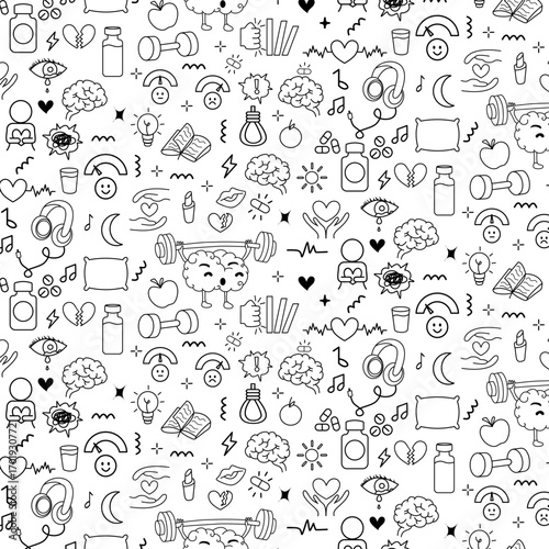 self care and mental health lifestyle doodle icon seamless pattern background