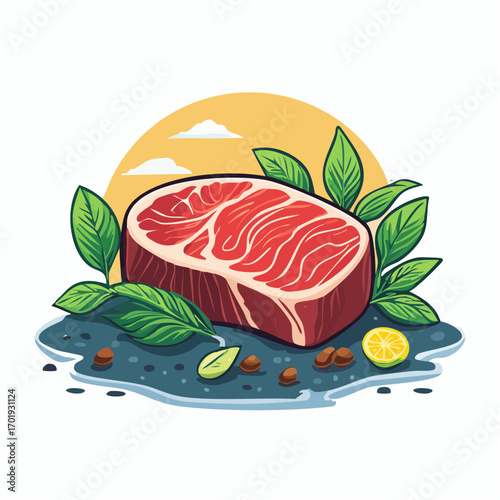 Fresh Red Steak Garnished With Herbs and Spices On A Dark Surface