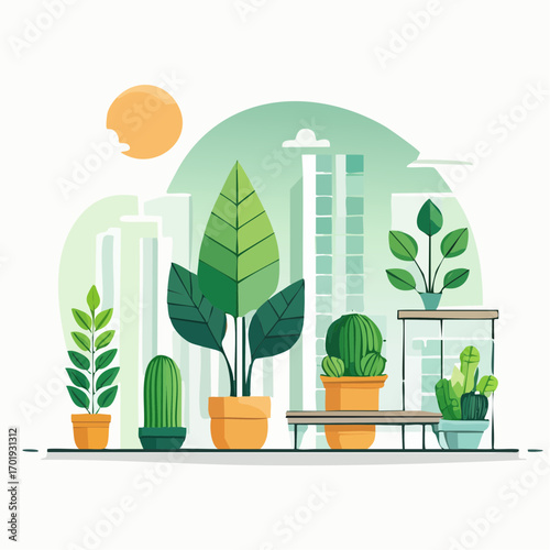 Urban Jungle Plants In Terracotta Pots With Cityscape Backdrop