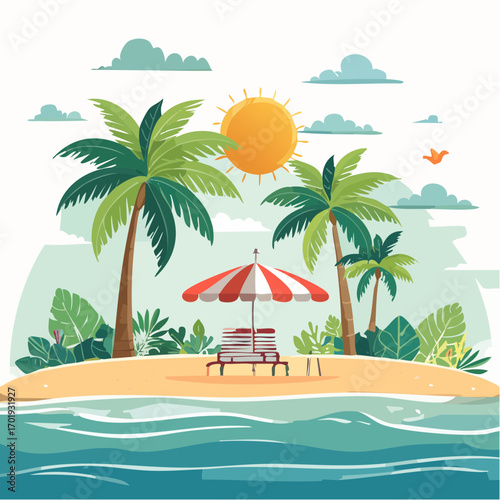 Tropical Island Paradise with Beach Chairs and Palm Trees