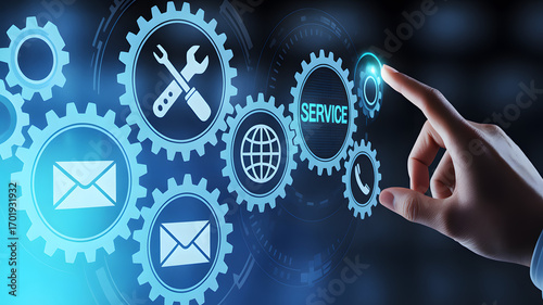 Service Button Technology: A person interacts with a digital interface depicting interconnected gears, symbolizing service and technical support