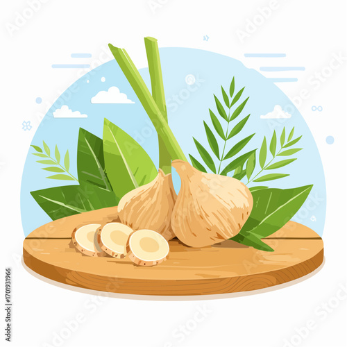 Fresh Galangal Lemongrass and Kaffir Lime Leaves on Wooden Board