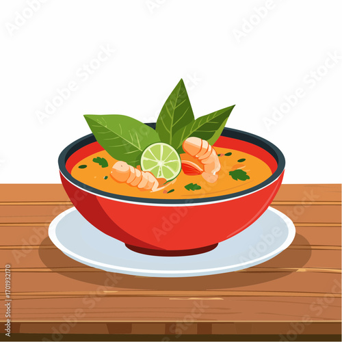 Red Bowl of Tom Yum Soup with Shrimp and Lime on Wooden Table