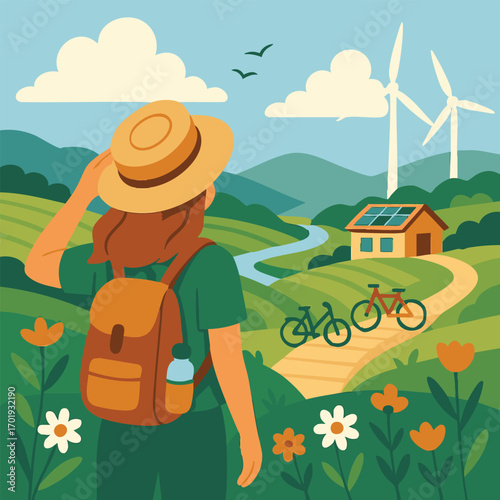 Woman admiring a picturesque rural landscape, embracing nature, renewable energy, and sustainable living