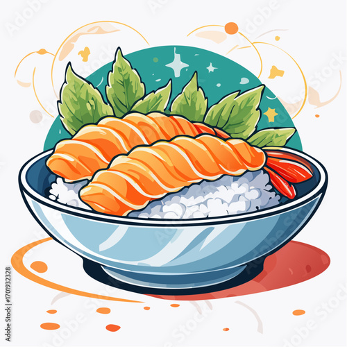 Salmon Nigiri Sushi Bowl With Green Garnish And Sparkling Background