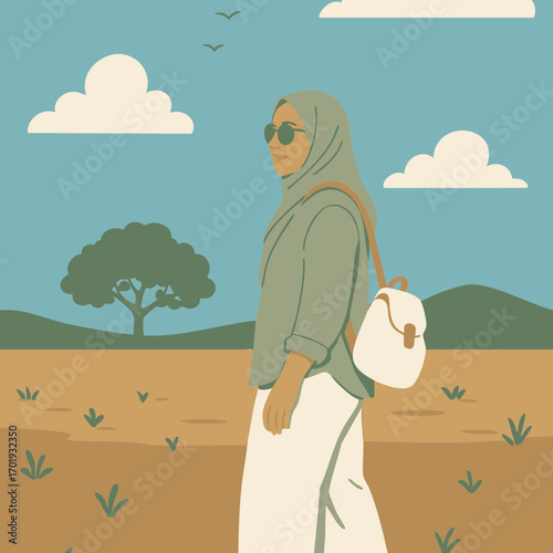 Modern Muslim woman traveler with a backpack on a solo adventure, walking through a scenic field under a blue sky. Concept of freedom and lifestyle