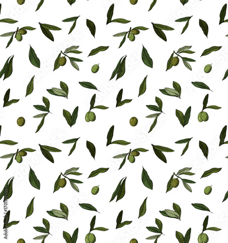Olive Tree Branches seamless pattern. Vector graphic line ink colored illustration. symbol of Peace resistance resilience strength Design for package, cosmetic, textile, cards.