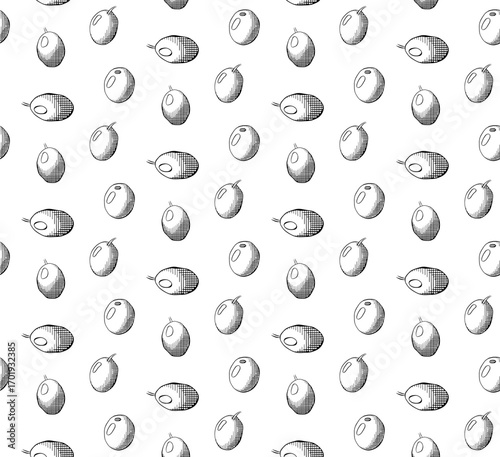 Olive berries seamless pattern. Vector graphic line ink illustration. Fresh Greek berries. Italian oil vegetables, oliva. texture for bedsheets, pajamas, wrapping papers.