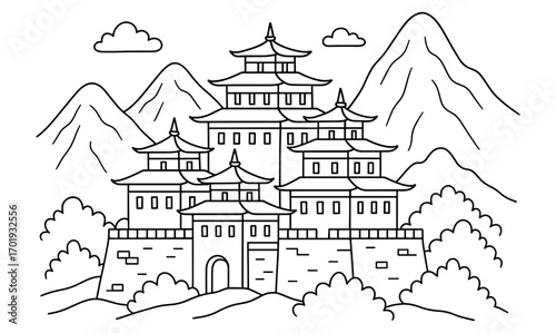 Mountain monastery coloring page design for relaxation and creativity