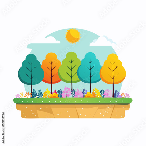 Four Colorful Trees and Flower Bed in Daytime Landscape Illustration