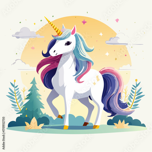 Majestic Unicorn with Rainbow Mane in Whimsical Landscape at Sunset