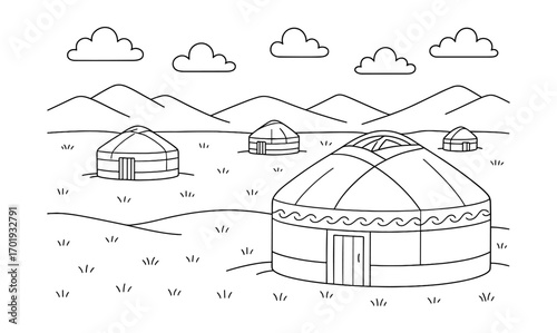 Tranquil yurt camp in mountain landscape coloring page for relaxation and creativity