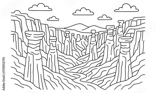 Artistic illustration of wind carved canyon with majestic rock formations and serene sky